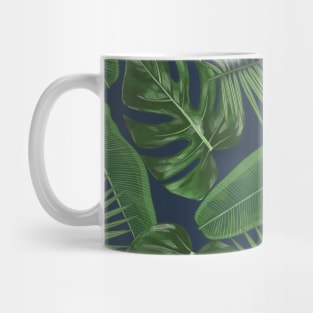 Tropical Green Leaves Pattern on Dark Blue Mug